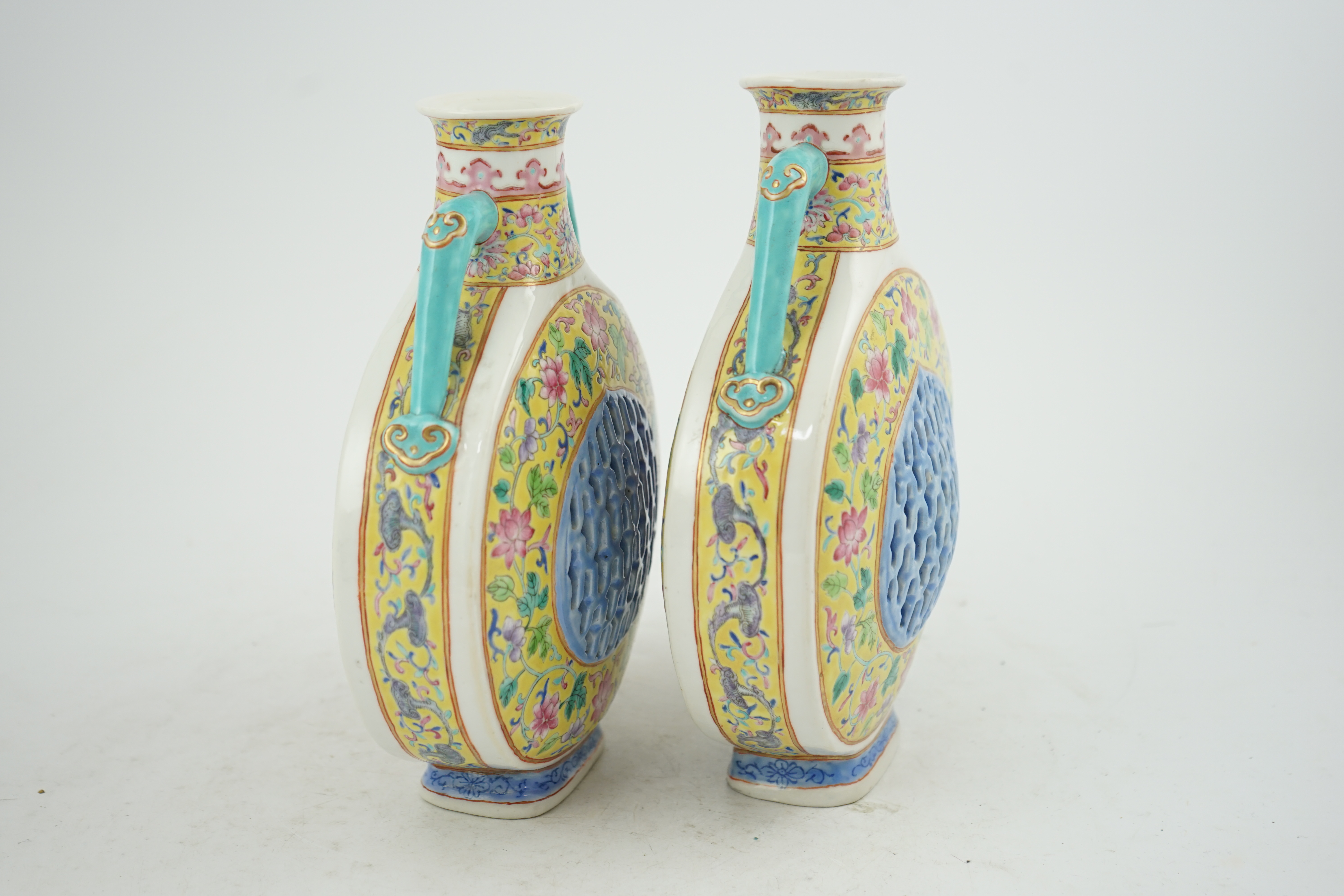 A pair of Chinese yellow ground double-walled moonflasks, bianhu, Daoguang marks, 19th century